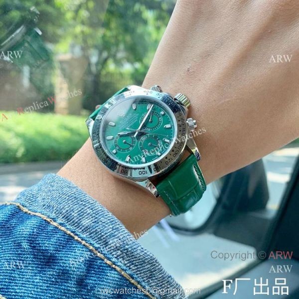 Rolex Daytona 42mm Watch SS Green Dial Green Leather Strap
