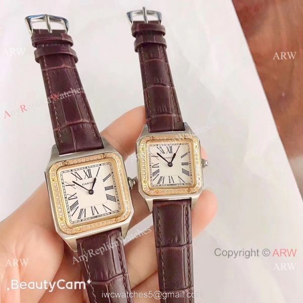 2019 New Cartier Santos Diamond Replica Watch Black Leather Strap Gold Bezel