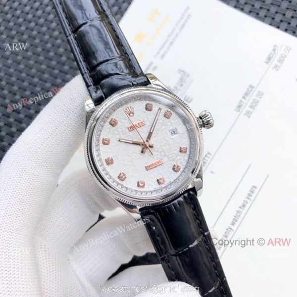 Rolex Datejust White MOP Black Leather Strap Watch Replica