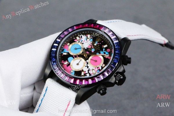 Rolex Daytona Rainbow Replica Watch Graffiti Dial White Leather Strap