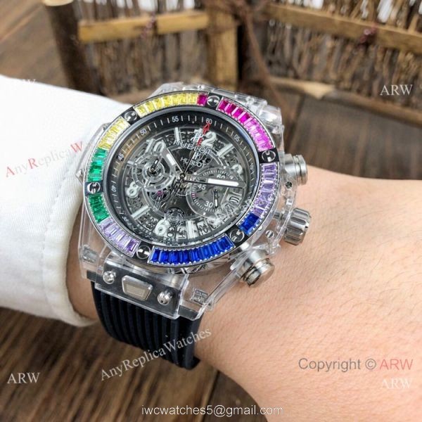 Hublot Big Bang Unico Replica Watches Rainbow Bezel Skeleton Dial Hublot Clear Watch