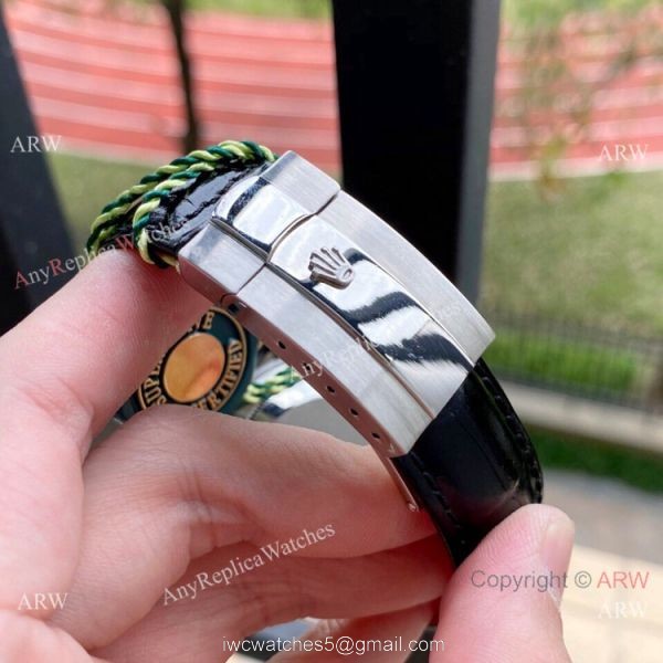 Copy Rolex Daytona 43mm Watch Panda Face Black Leather Strap