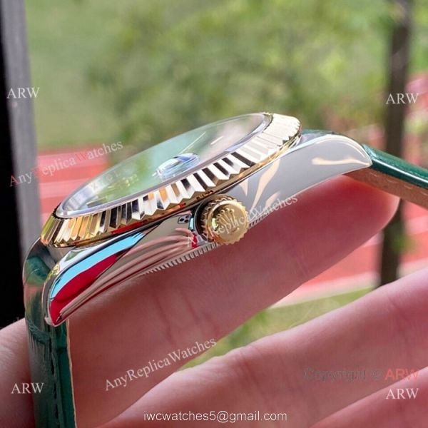 Upgraded Rolex DayDate II Green Dial Leather Strap Watch 41mm