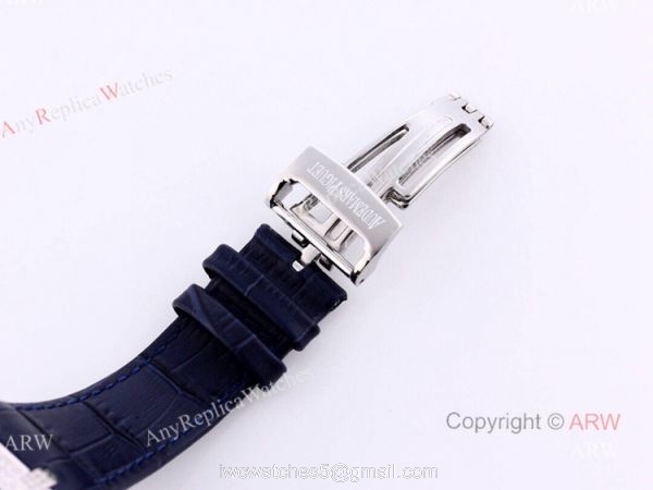 Swiss Replica Iced Out Audemars Piguet Royal Oak Blue Dial Watch Blue Leather Strap