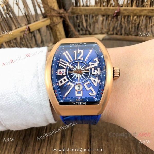 Replica Franck Muller Vanguard V45 Automatic Watch Rose Gold Blue Gummy Strap