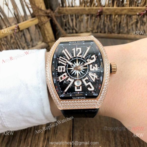 Copy Franck Muller Geneve Vanguard Diamond Watch Rose Gold Black Dial