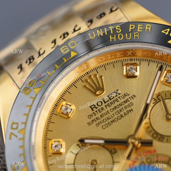 Swiss Quality Replica Rolex Daytona Watch 40mm Gold Diamond Dial Black Ceramic Bezel