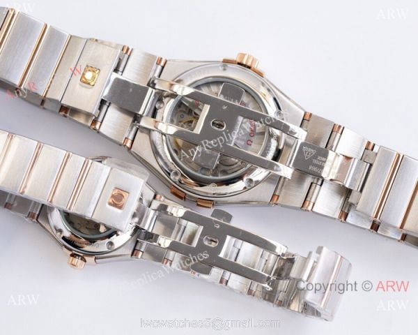 Swiss Quality Clone Omega Double Eagle Couple Watches Silver Dial Diamond Bezel 38mm and 27mm