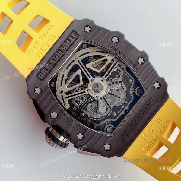 KV Factory V2 Upgraded Carbon Richard Mille RM011 Yellow Rubber Band Replica Watches For Sale