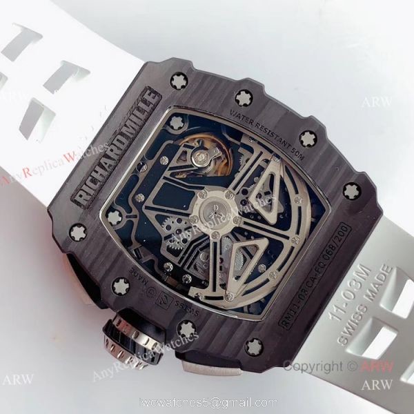 KV Factory V2 Upgraded Carbon Richard Mille Skeleton RM011 White Rubber Band Replica Watches