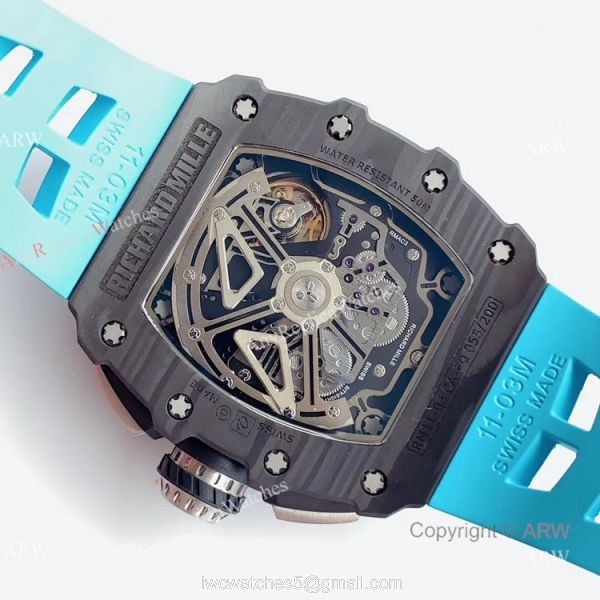 KV Factory V2 Upgraded Knockoff Richard Mille RM011 Carbon Watch With Blue Rubber Bracelet