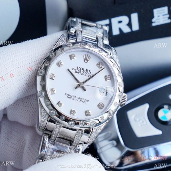 Rolex Lady Masterpiece Stainless Steel Blue Diamond Dial Watches 34mm Clone Rolex Datejust Watch