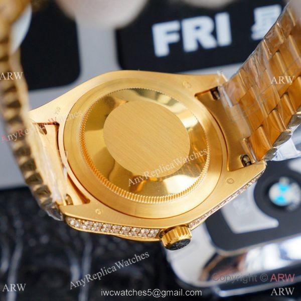 Replica Rolex Day Date II Watches Gold Iced Out Diamond Silver Dial