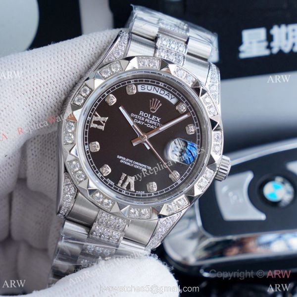 High Quality Replica Rolex Day Date II Iced Out Silver Dial Watches 41mm