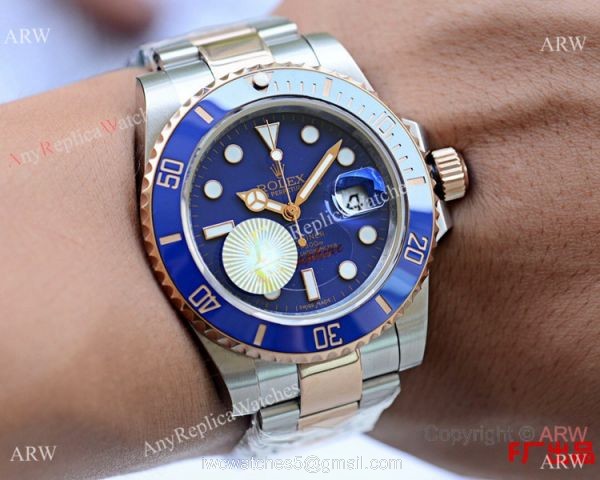 Copy Rolex Submariner Date Watch 40mm Two Tone Rose Gold Blue Ceramic Bezel