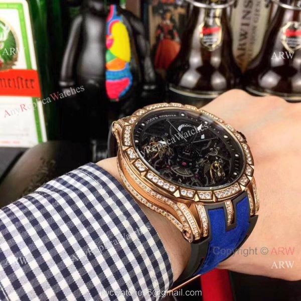 Copy Roger Dubuis Excalibur Automatic Skeleton SS Diamond Watch Gray Gummy Strap
