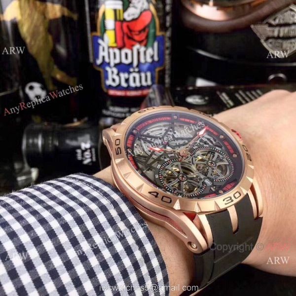 Replica Roger Dubuis Excalibur Double Flying Tourbillon Watches Black Skeleton Dial Rose Gold