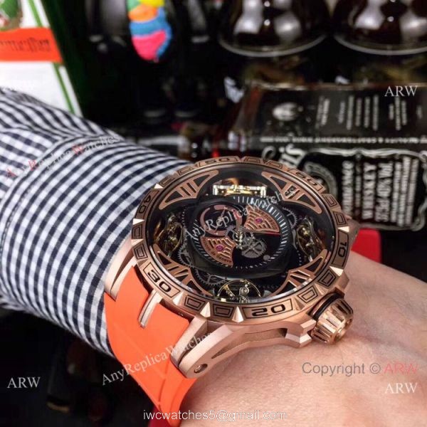 Copy Roger Dubuis Excalibur Quatuor Men Watches Red Rubber Strap Rose Gold Case