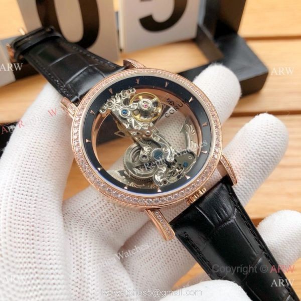 Copy Corum Bridge Transparent Dial Corum Watch Diamond Bezel Rose Gold