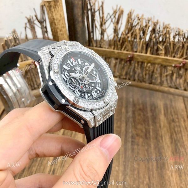 Best Quality Hublot Big Bang Unico Sapphire Iced Out Watches Blue Rubber Strap