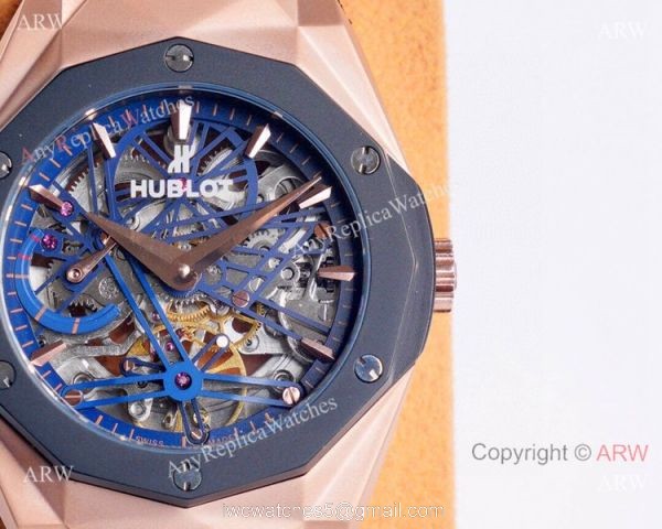 Copy Hublot Classic Fusion Skeleton Watches Rose Gold Rubber Strap