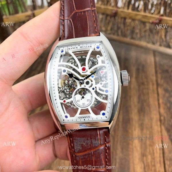 Knockoff Franck Muller Cintree Curvex Skeleton Watches SS Diamond Brown Leather Strap