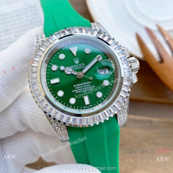 AAA Replica Rolex Submariner Diamond Watches SS Black Rubber Strap