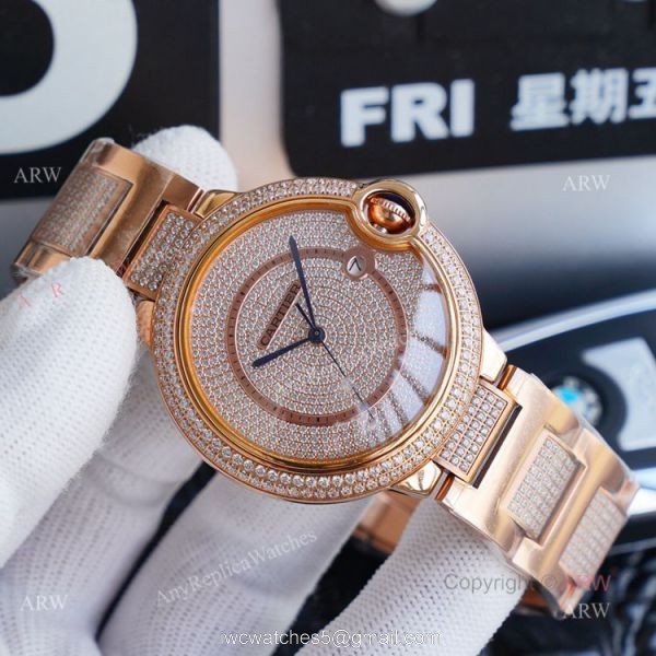 1:1 Copy Rose Gold Cartier Ballon Bleu Replica Full Diamond Watch 42mm