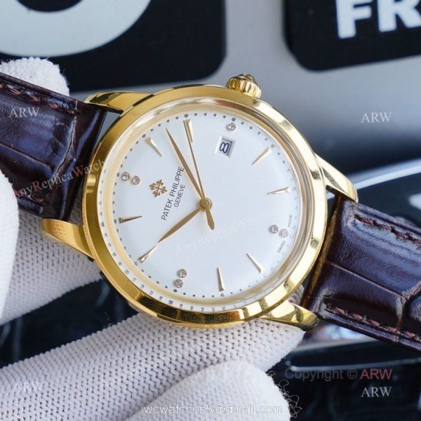 New Patek Philippe Calatrava Replica Watch Gold Dial With Brown Leather Band
