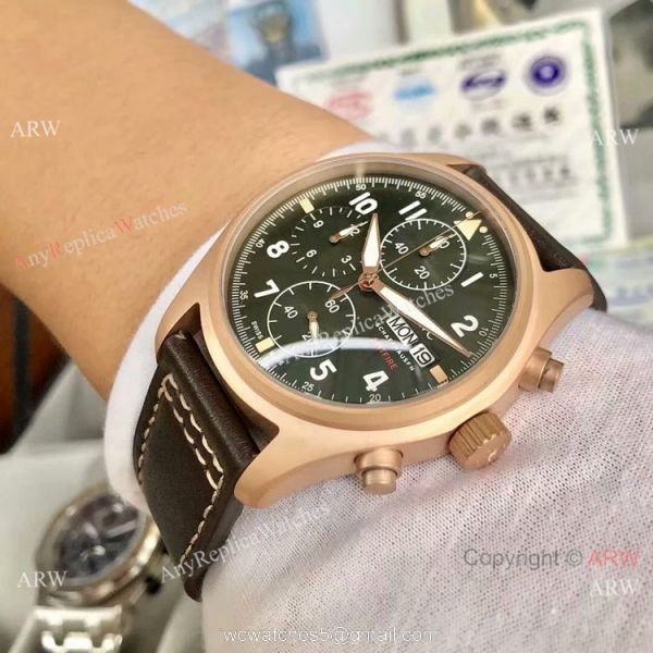 AAA Quality IWC Pilots Spitfire Chronograph Watch Rose Gold Green Dial