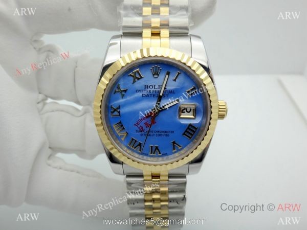 Copy Rolex Datejust 36mm Two Tone Blue Mother of Pearl Dial Watch