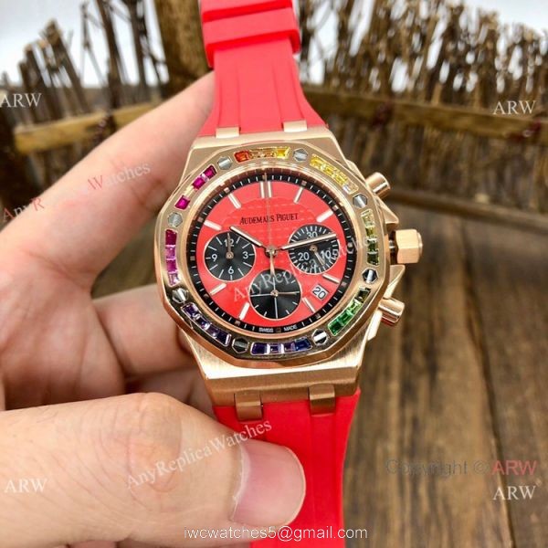 Women Audemars Piguet Royal Oak Offshore Watches Rainbow Bezel Green Dial