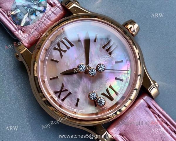 Replica Chopard Happy Sport Diamond Watch With Pink Mop Dial Pink Leather Strap