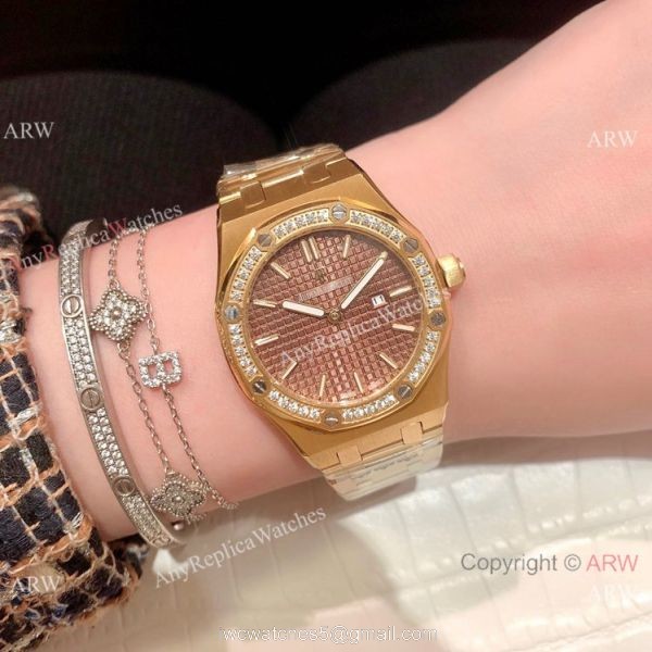 Clone Audemars Piguet Royal Oak Women Watch Diamond Bezel All Gold