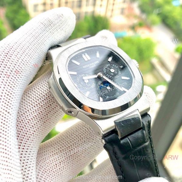 Copy Patek Philippe Nautilus White Face Annual Calendar Watch Brown Leather Strap