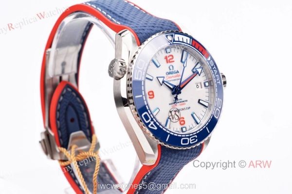 VS Factory Omega Seamaster Planet Ocean 600m White Red Blue Ceramic Bezel Americas Cup Replica Watch
