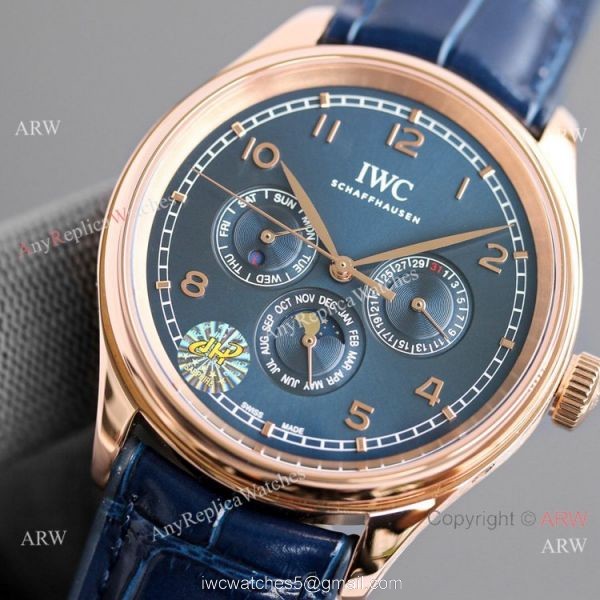 Swiss AAA IWC Portugieser Perpetual Calendar Replica Watch Rose Gold Blue Dial