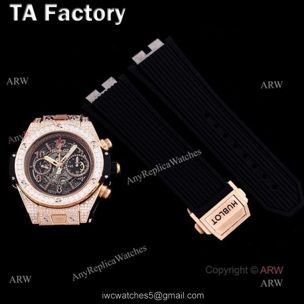 Swiss Quality Hublot Big Bang Rose Gold Black Rubber Strap Full Diamonds Watches Replica