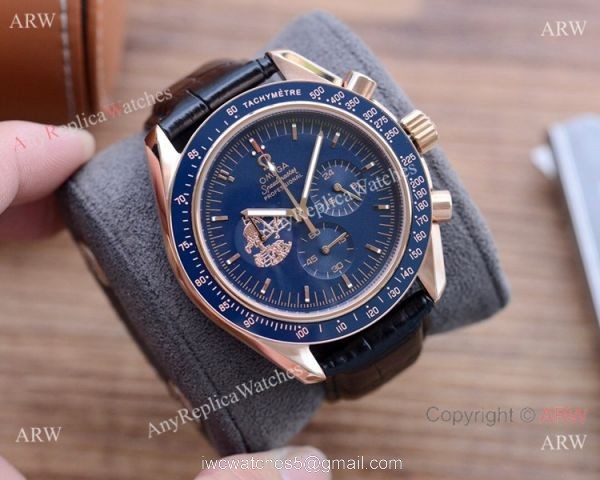 New! Copy Omega Speedmaster Apollo Chronograph Watch Black Leather Strap