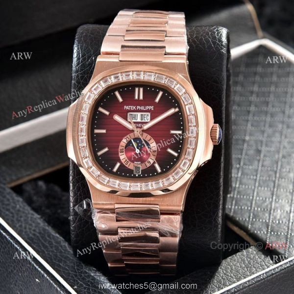Patek Philippe Nautilus Annual Calendar Copy Watches Rose Gold with Diamond
