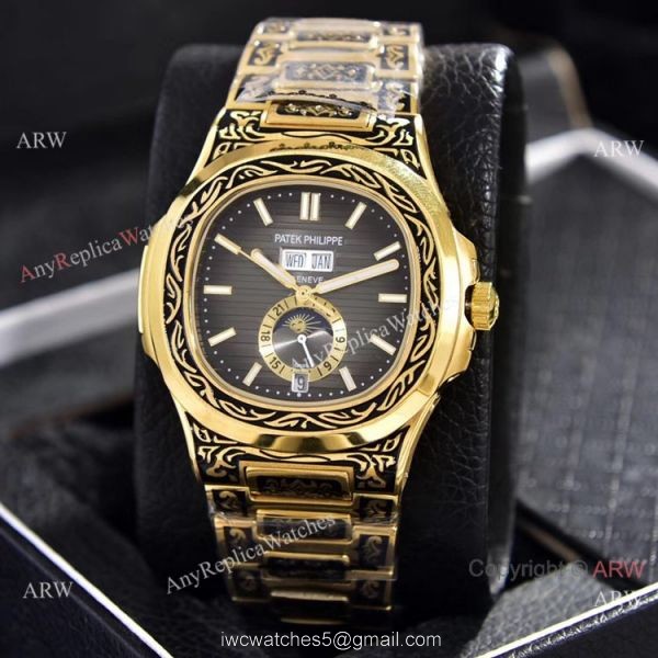 Clone Patek Philippe Annual Calendar Watches Yellow Gold Engraving Blue Dial