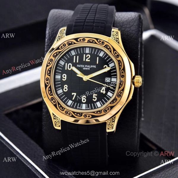 Clone Patek Philippe Aquanaut Engraving Watches Gold and Brown Rubber Strap