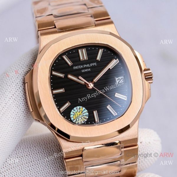 Swiss Copy Patek Philippe Rose Gold Black Dial Nautilus Watch PPF Cal.324 40mm
