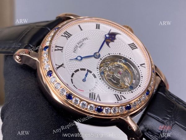 Super Clone Patek Philippe Tourbillon Moon phase Rose Gold Diamond Watch Power Reserve
