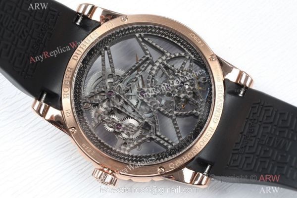 2021 New! BBR Factory 1:1 Copy Roger Dubuis Excalibur Skeleton Flying Tourbillon Watch Rose Gold Skeleton Dial