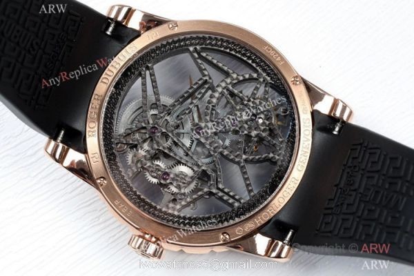 2021 New! BBR Factory Roger Dubuis Excalibur Skeleton Flying Tourbillon Watch Rose Gold Blue Rubber Strap