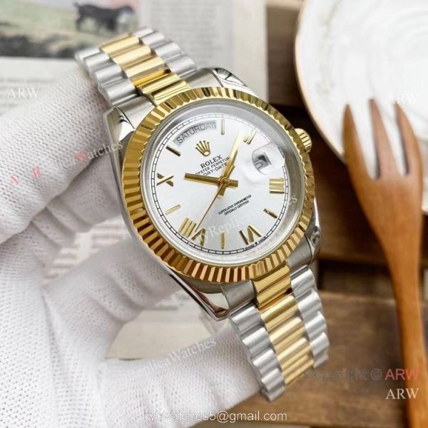 Copy Rolex Day Date 40mm Watches Chocolate Dial Two Tone Presidential Band