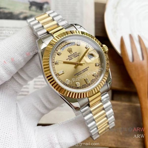 Replica Rolex Day-Date 40mm Watches Two Tone Black Diamond Face
