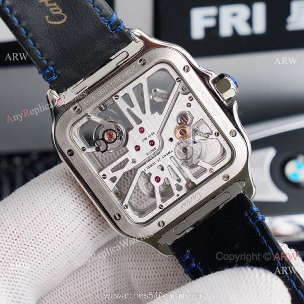 (TW ) Best Skeleton Santos De Cartier Stainless Steel Copy Watch With Blue Leather Band