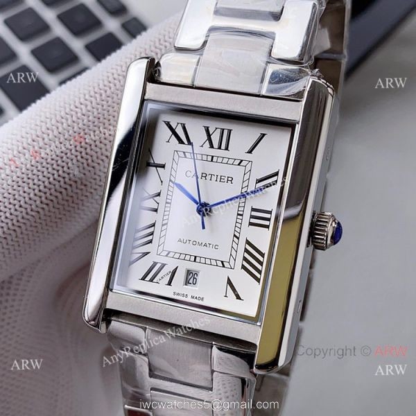 Yellow Gold Cartier Tank Automatic Copy Watch In Black Leather Strap White Dial